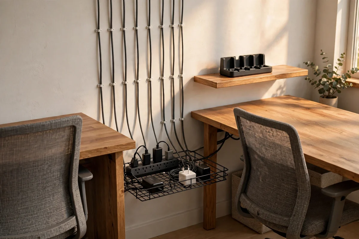 Under desk cable tray and shared charging dock beside two desks