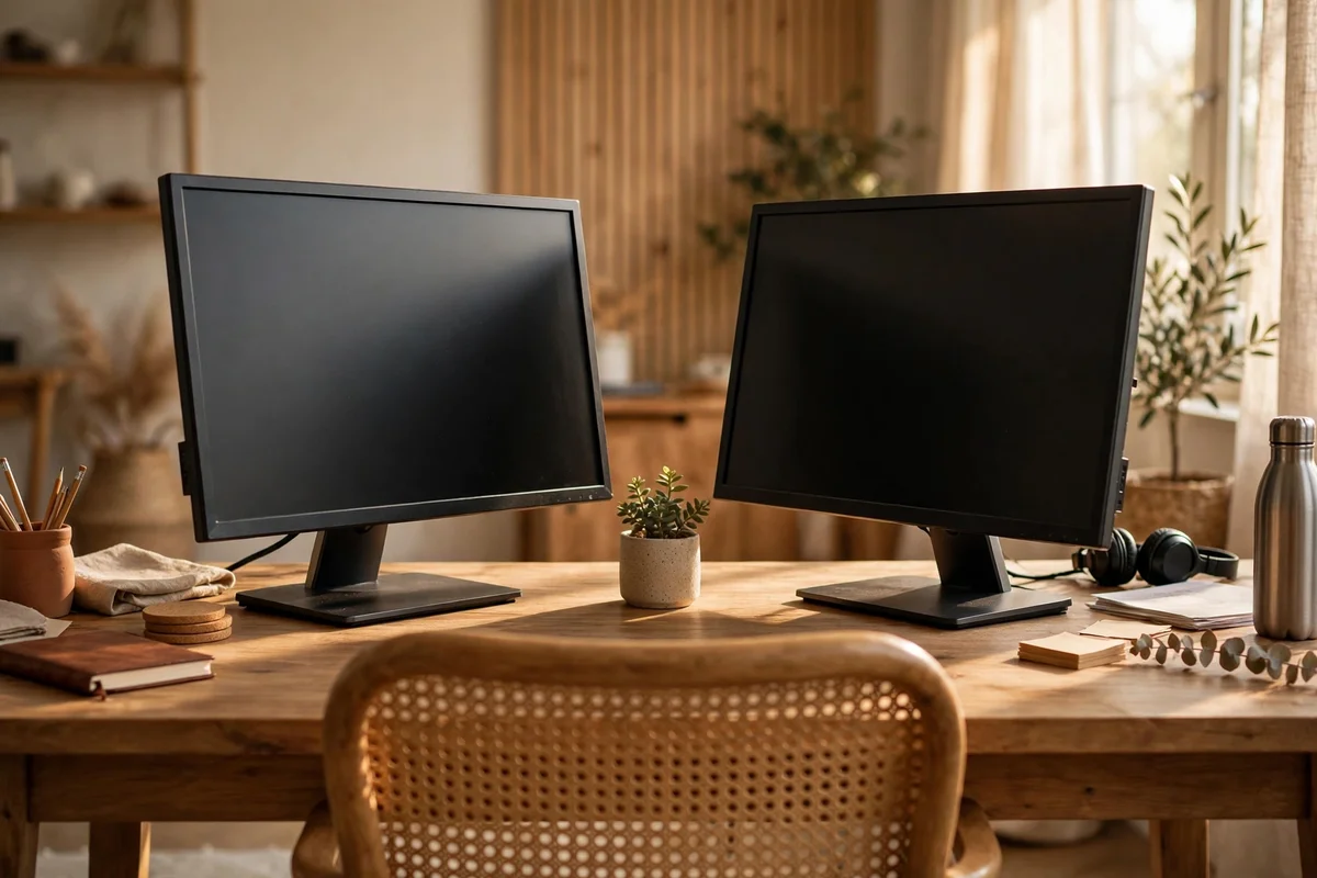 Angled monitors with screens hidden from the other chair