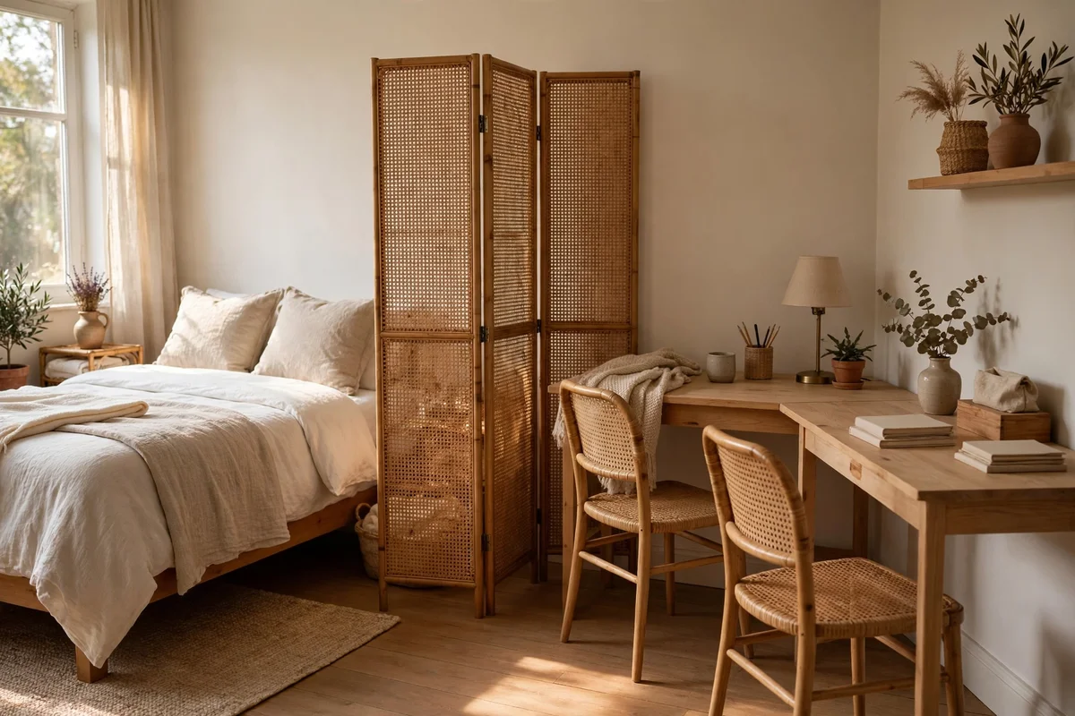 Spare room corner office with folding screen and guest bed