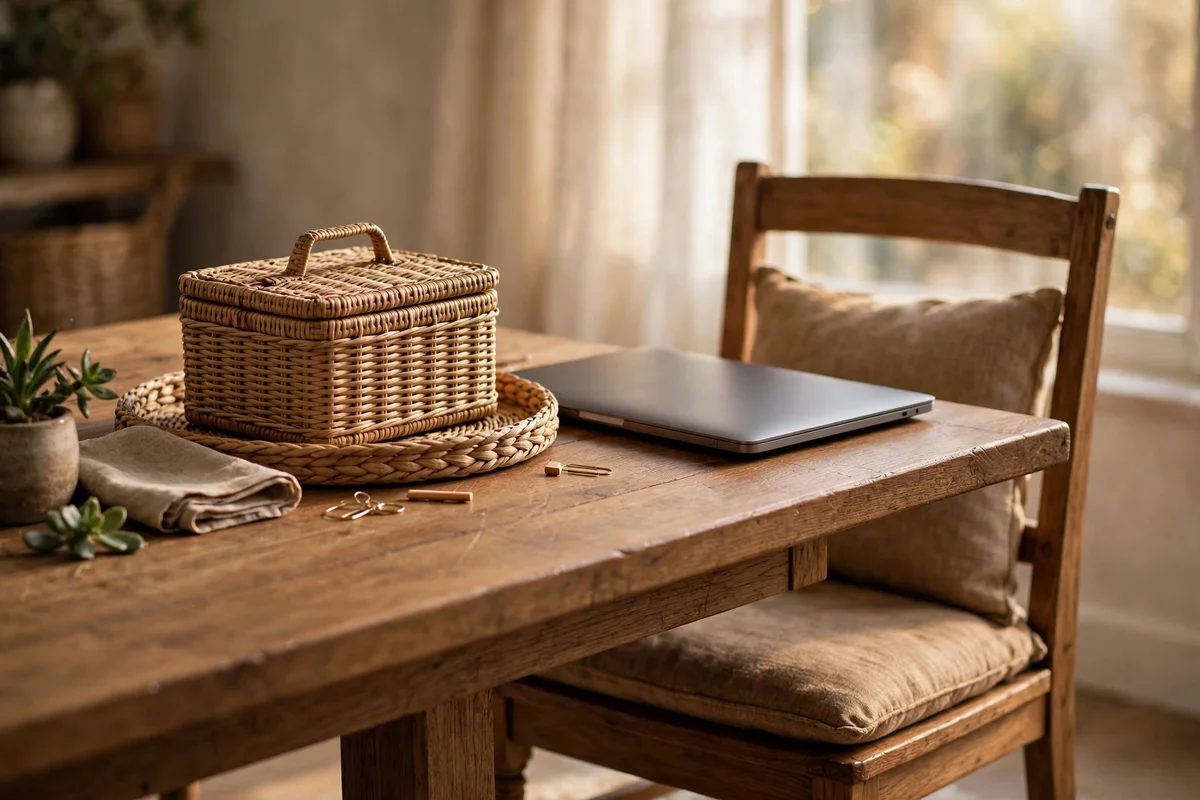 Dining table end with a clear-away caddy and empty chair