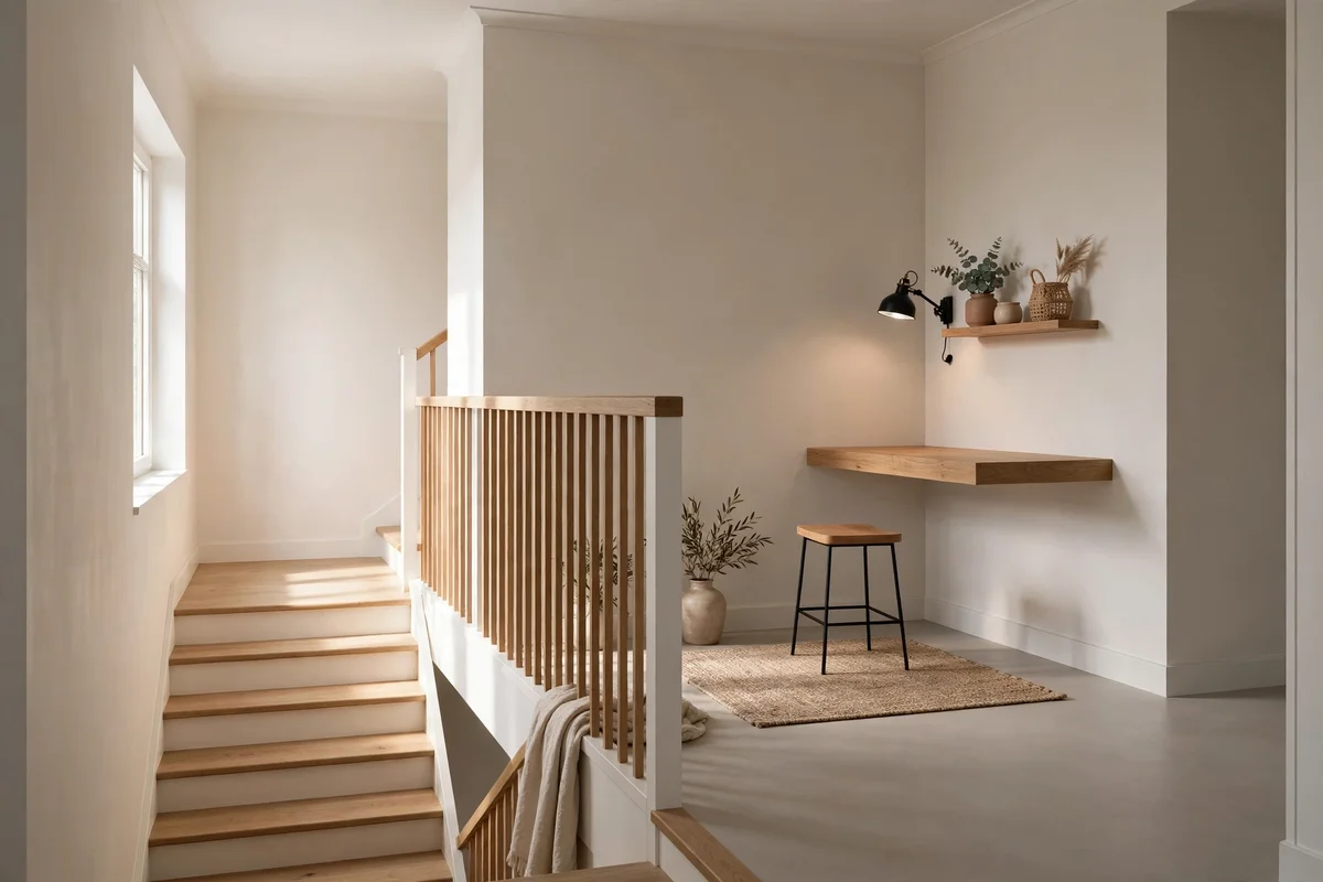 Shallow floating desk on a wide landing with tucked stool