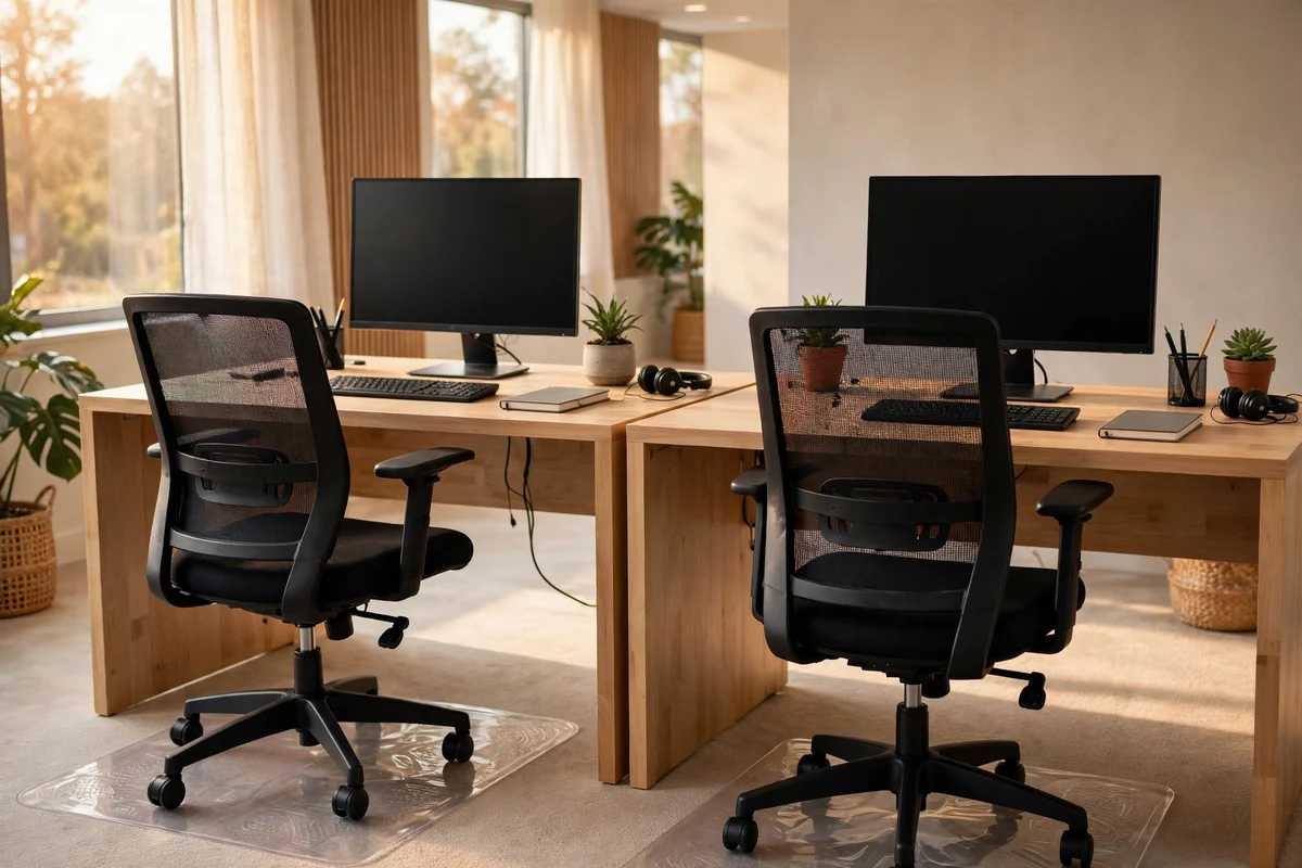 Two identical task chairs at matching desks