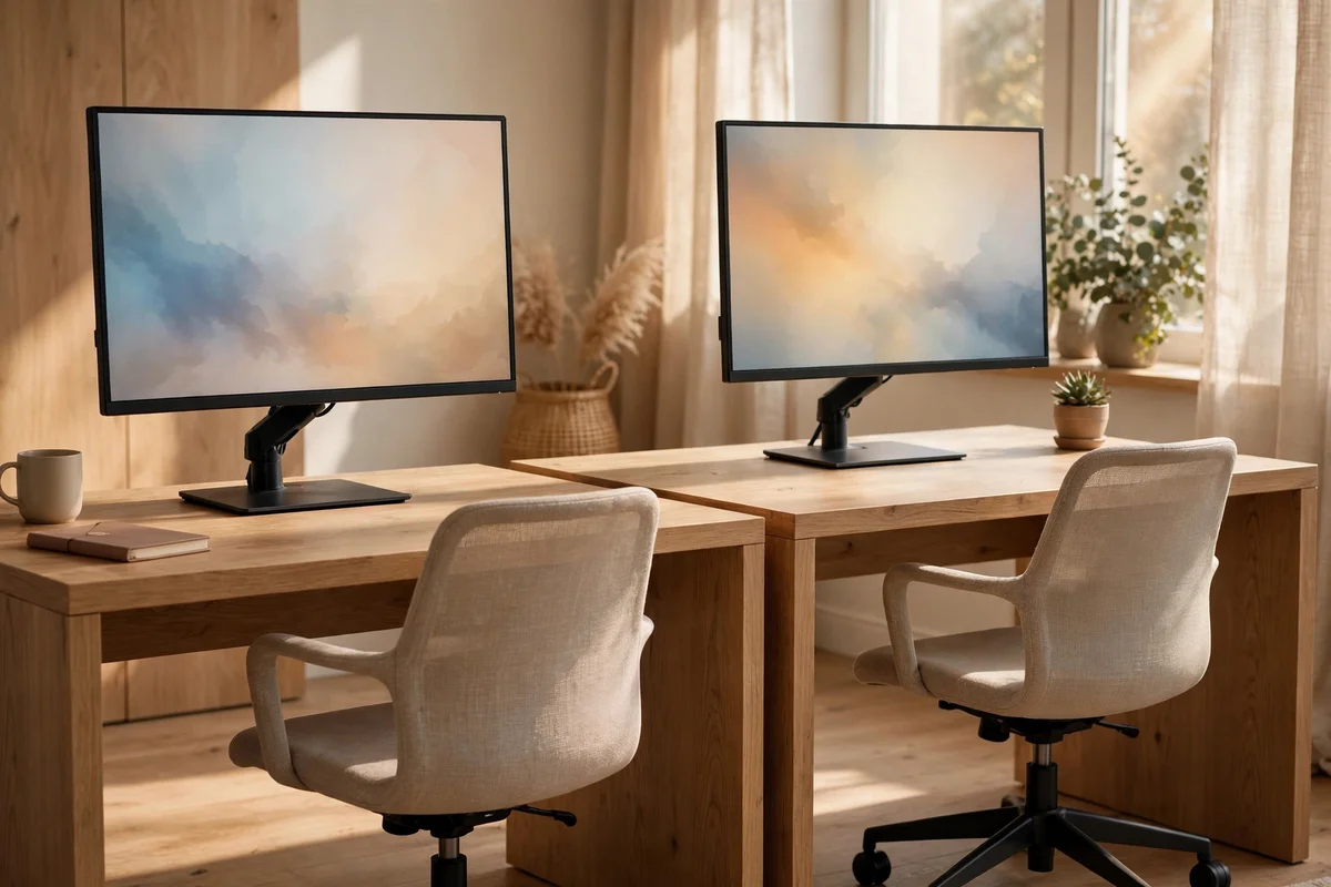 Two level desks with aligned monitor stands and empty chairs