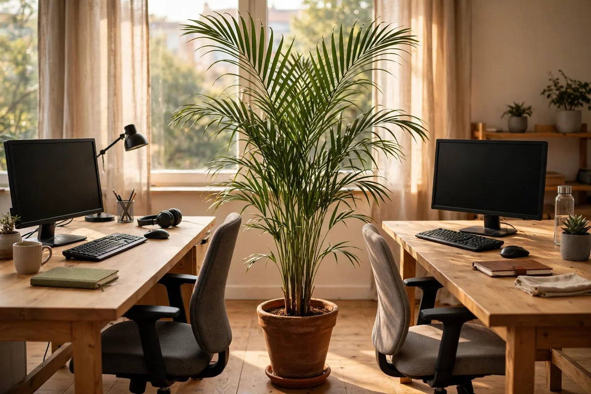 Tall palm plant dividing two desks as a living divider