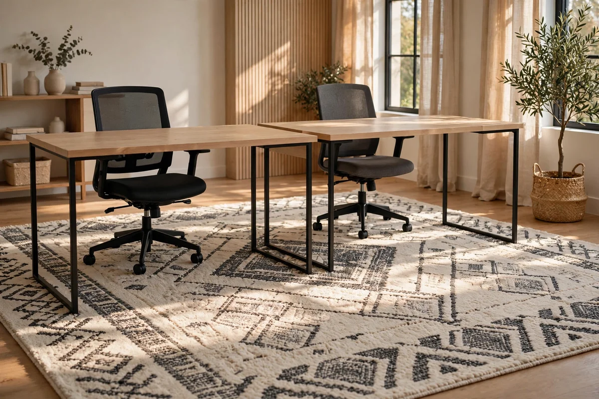 Large low pile rug zoning two desks with empty chairs
