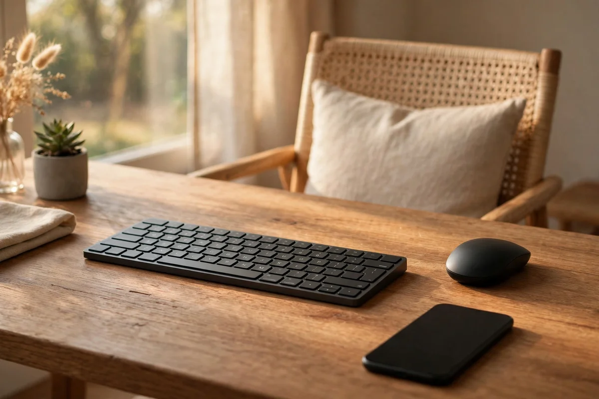 Quiet keyboard and silent mouse on a calm desk