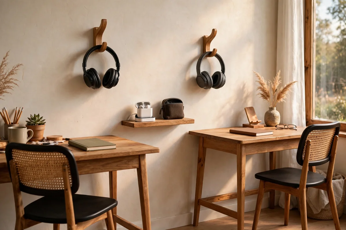 Wall hooks with headphones and a charging shelf beside desks