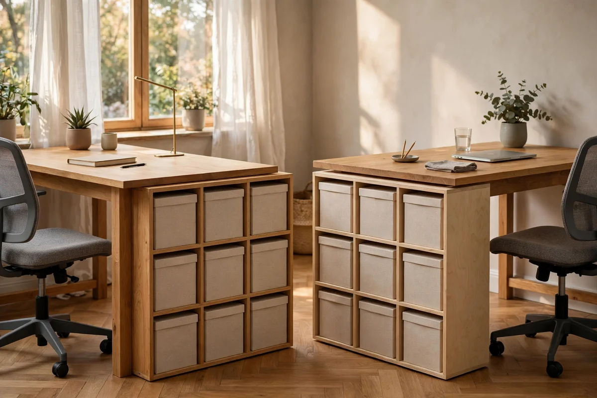 Two identical plain cube storage units beside two desks
