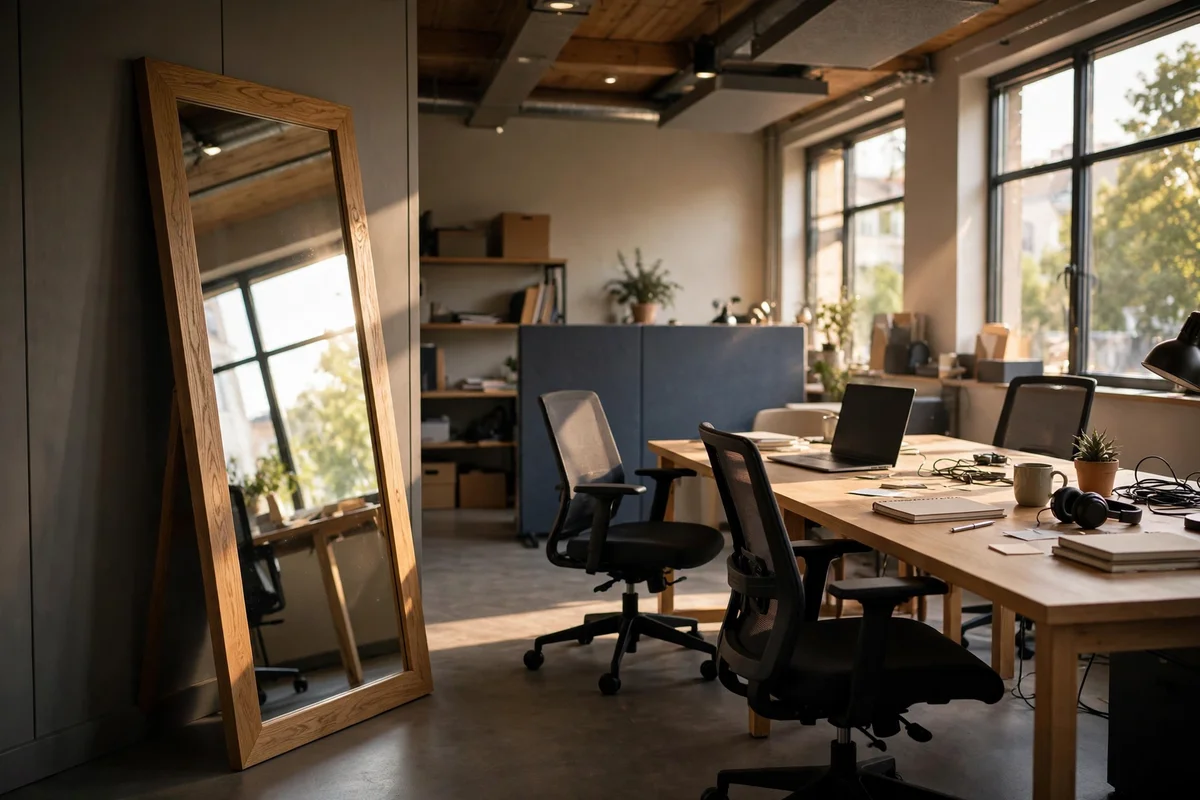 Tall leaning mirror bouncing daylight to the second desk