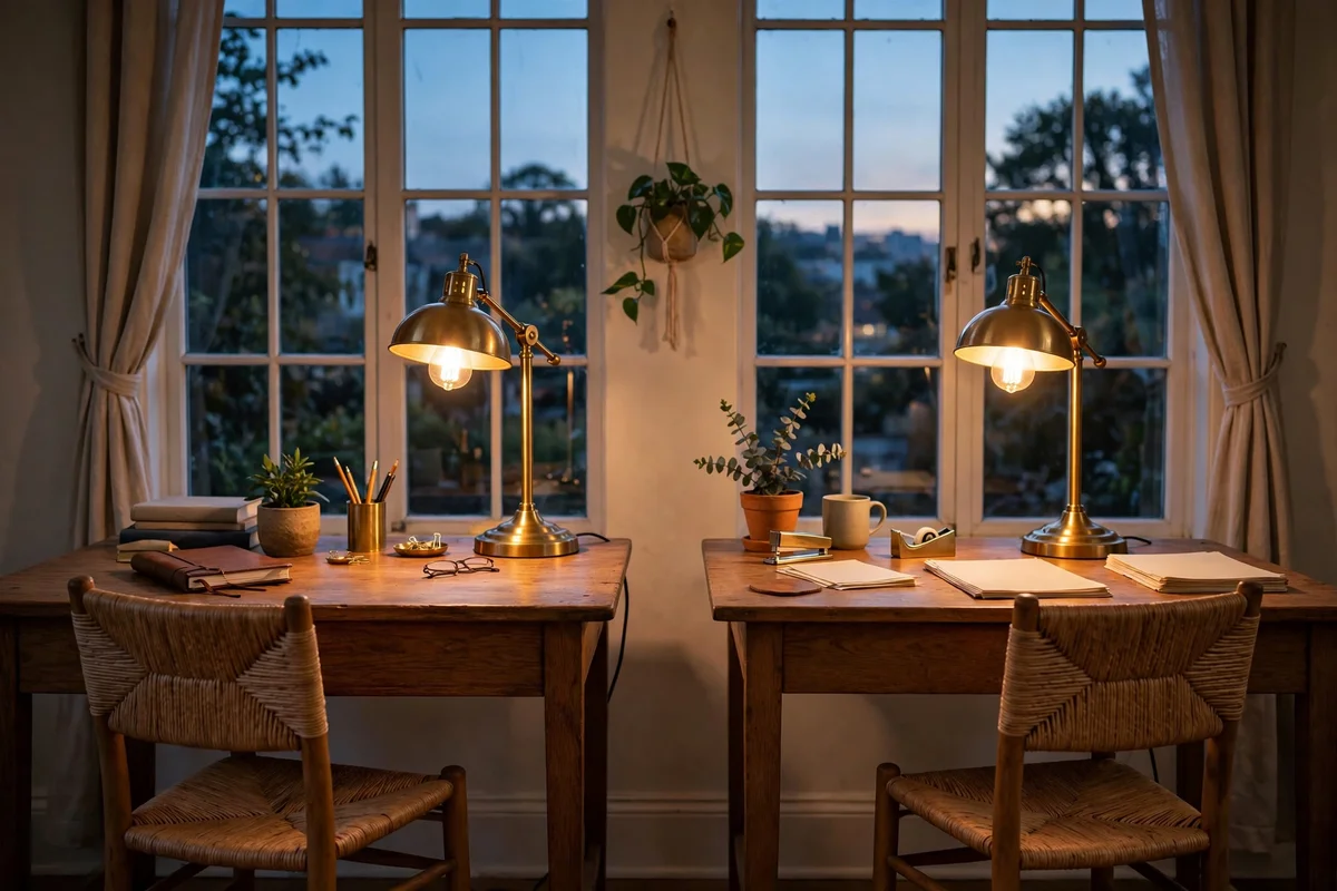 Matching warm desk lamps glowing on two desks