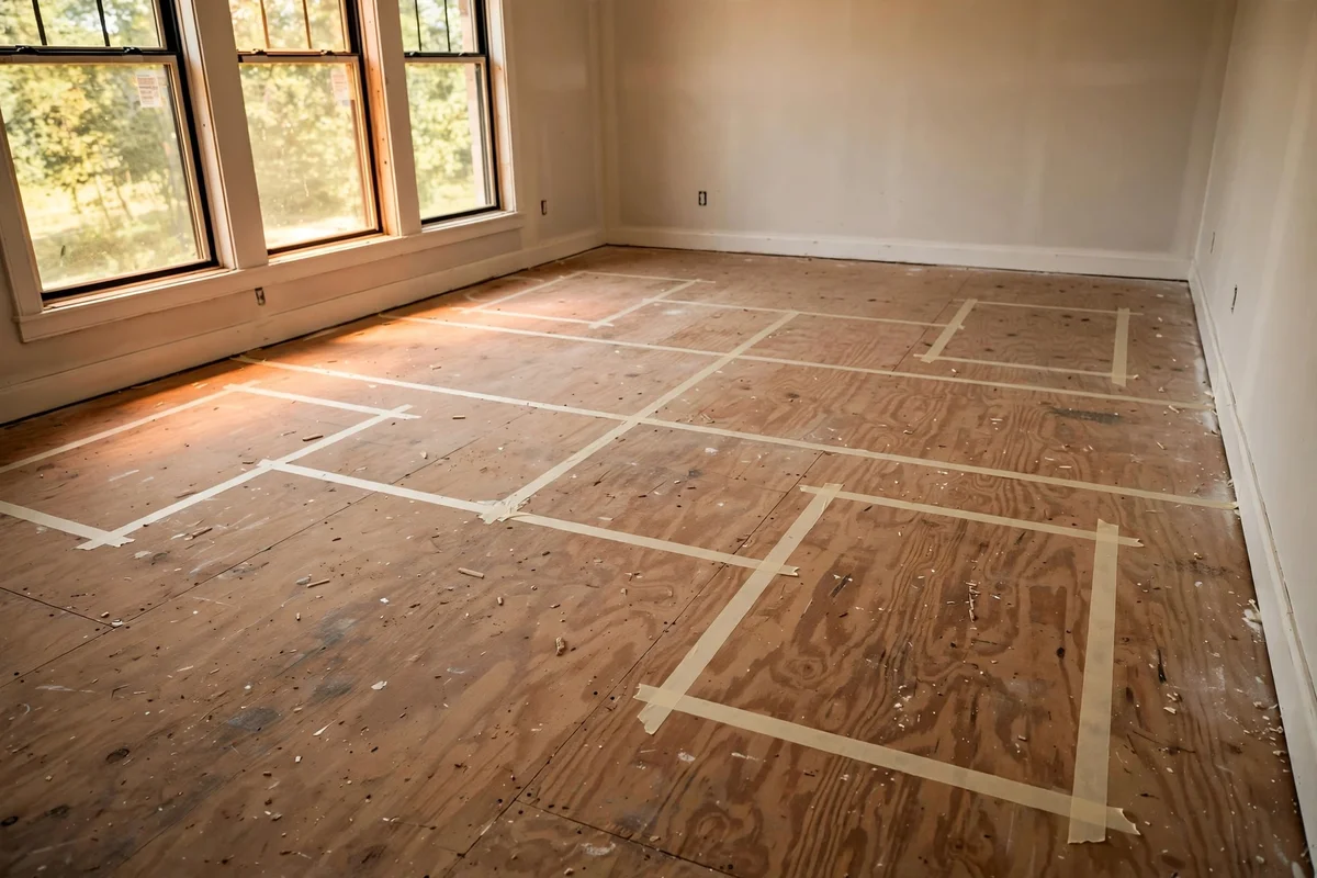 Floor marked with painter's tape showing planned desk layout