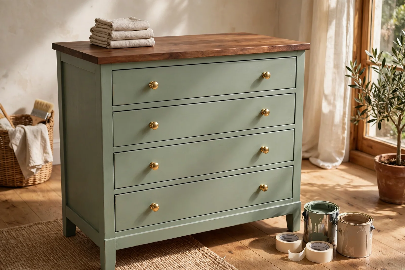 Two tone dresser with sage painted frame and stained walnut top in warm sunlight