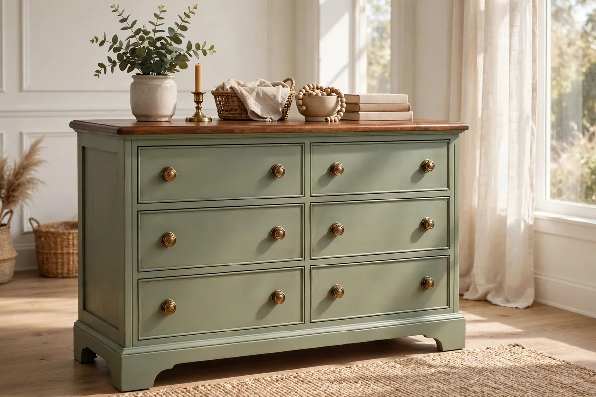 Dresser with sage painted frame and warm walnut stained top in a bright room