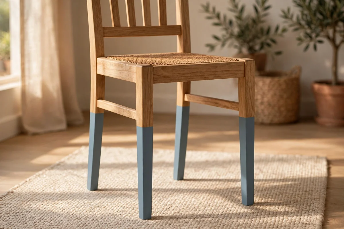 Wooden chair with lower legs painted dusty blue and natural wood above the dip line