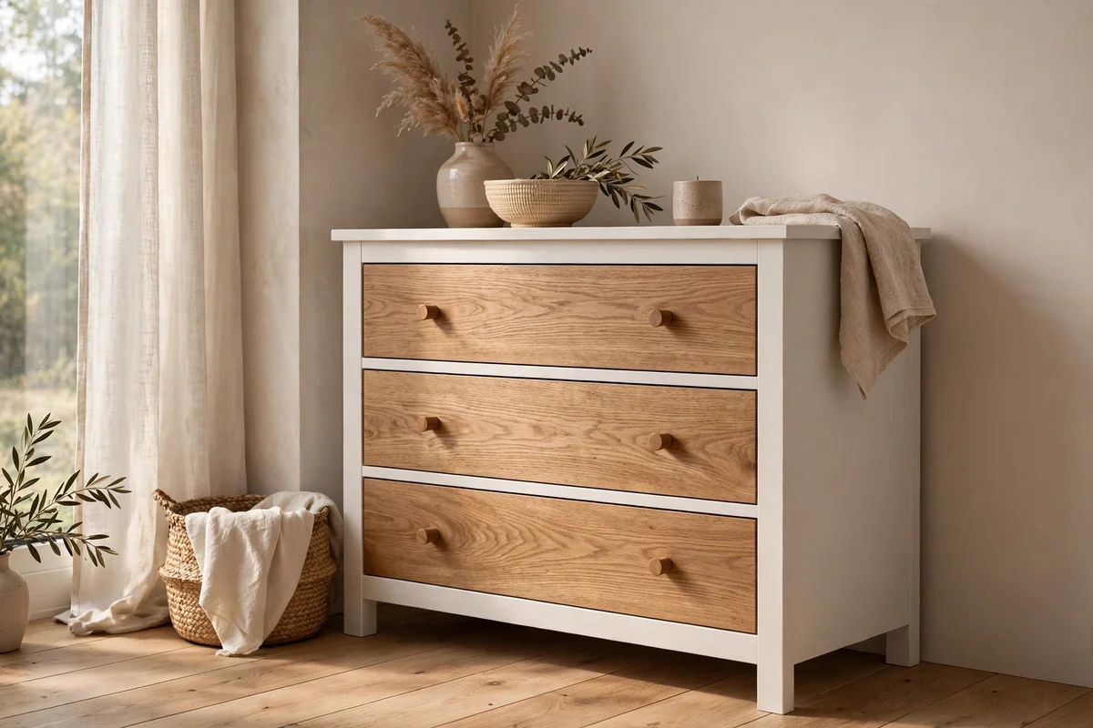 Cabinet with painted body and natural oak drawers showing the wood grain
