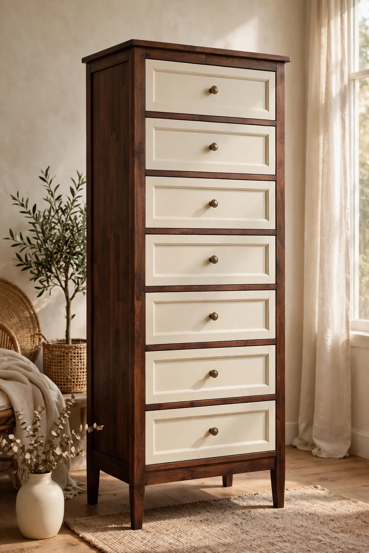 Chest with dark stained body and cream painted drawer fronts in daylight