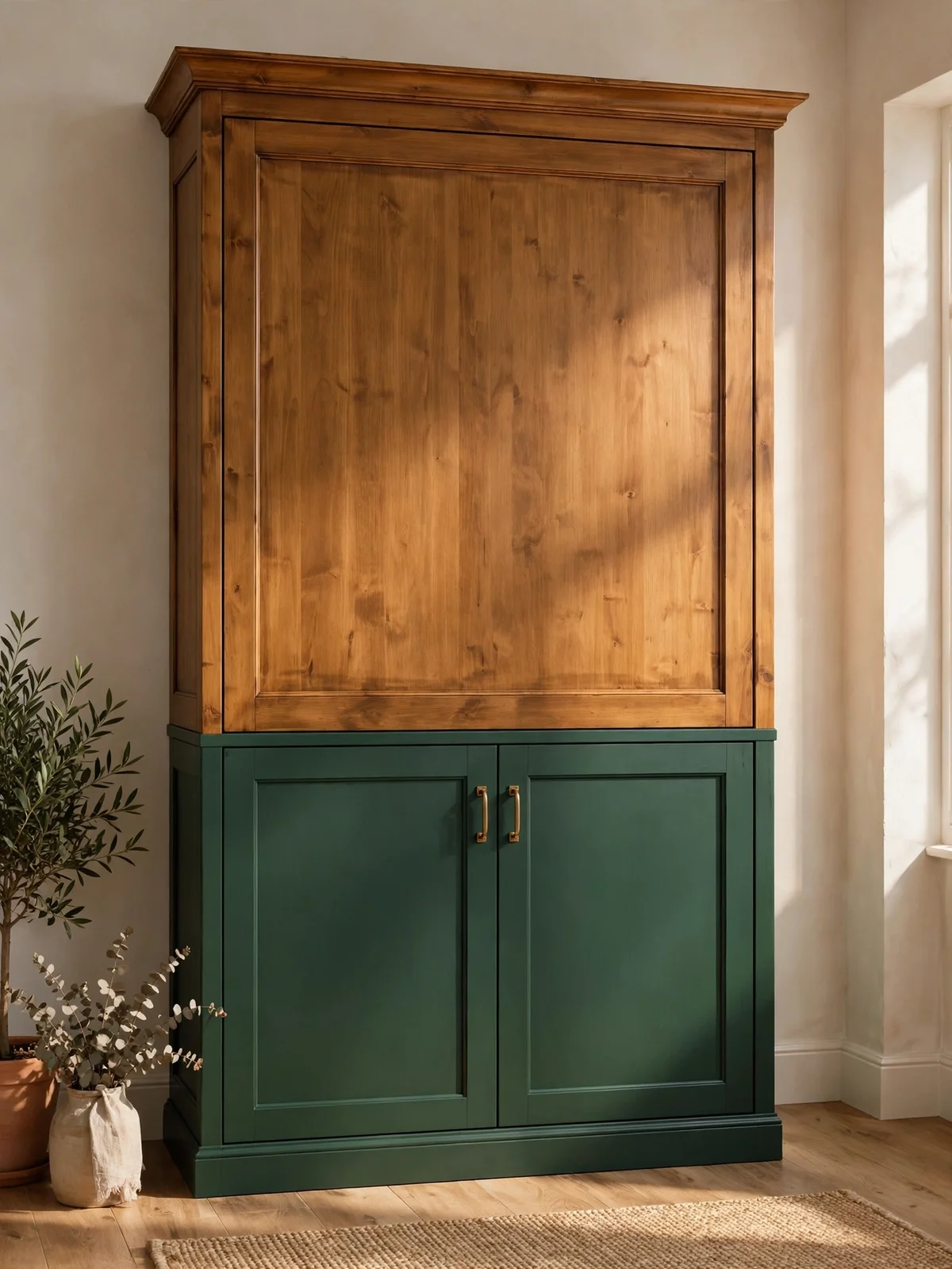 Wardrobe colour blocked with painted lower doors and stained wood upper frame