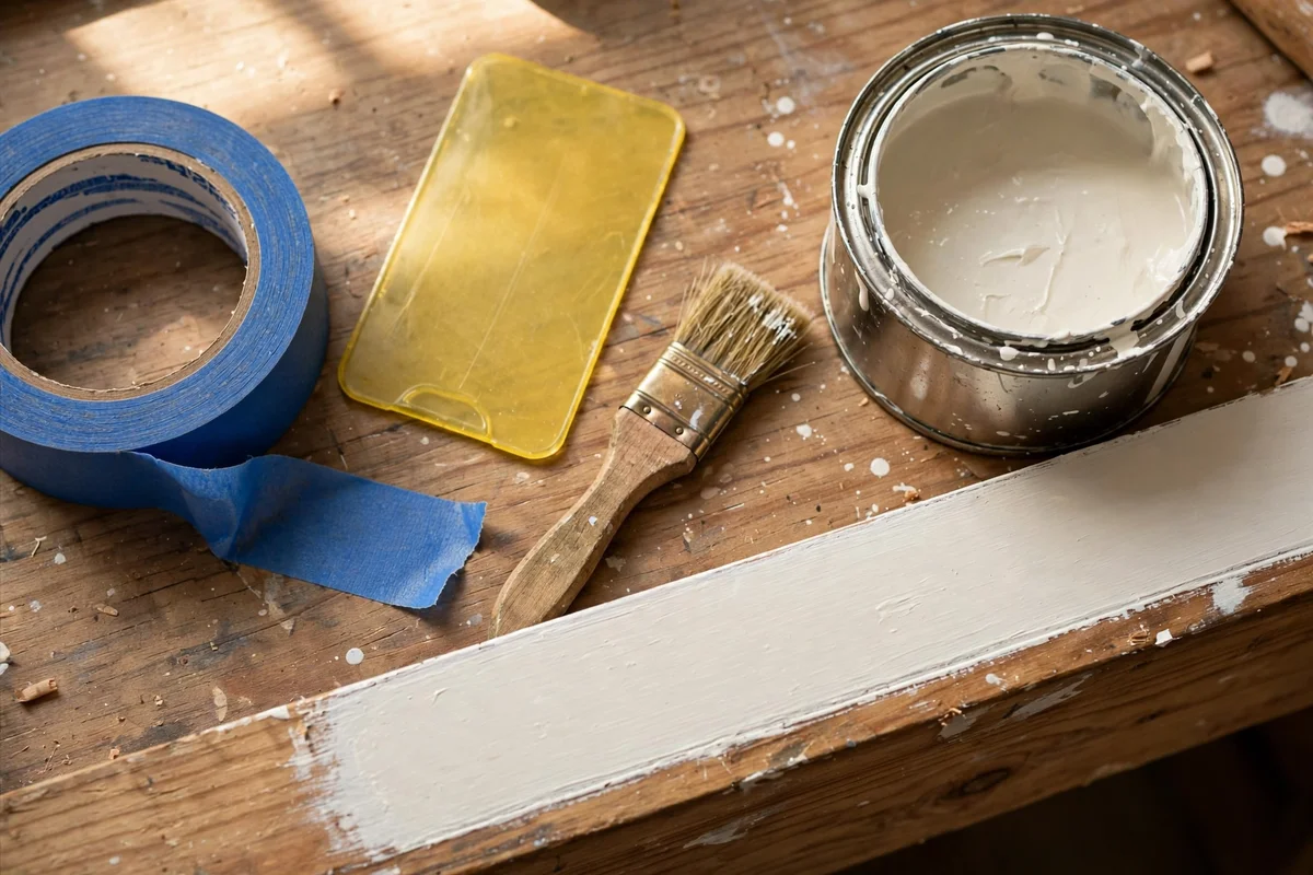 Still life of painter's tape, burnishing card and brushes beside a half painted drawer edge