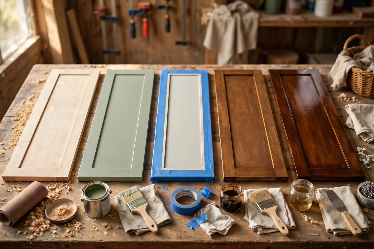 Furniture refinishing stages in a row: sanded wood, painted panel, taped edge, stained board
