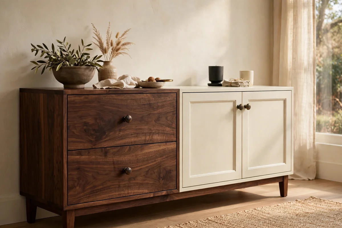 Walnut sideboard with deep grain beside creamy ivory painted cabinet doors