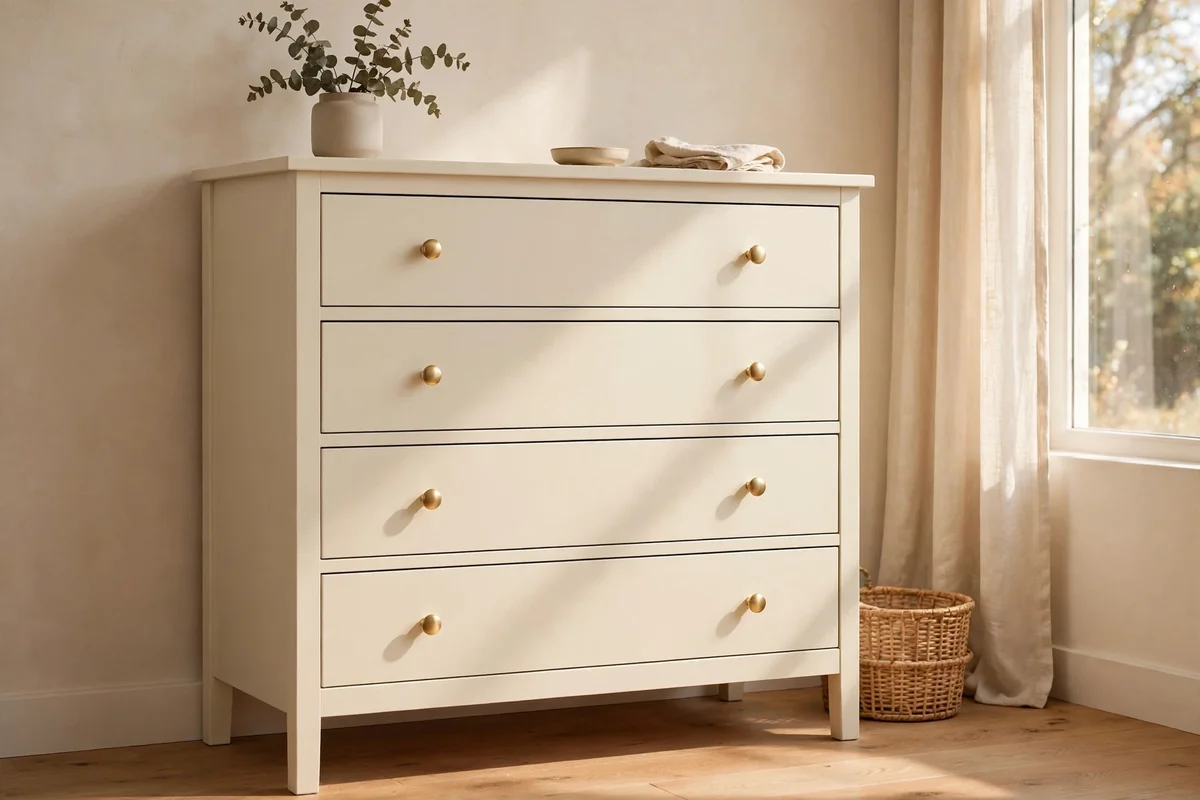 Plain pine dresser fully painted in soft cream with satin sheen drawers