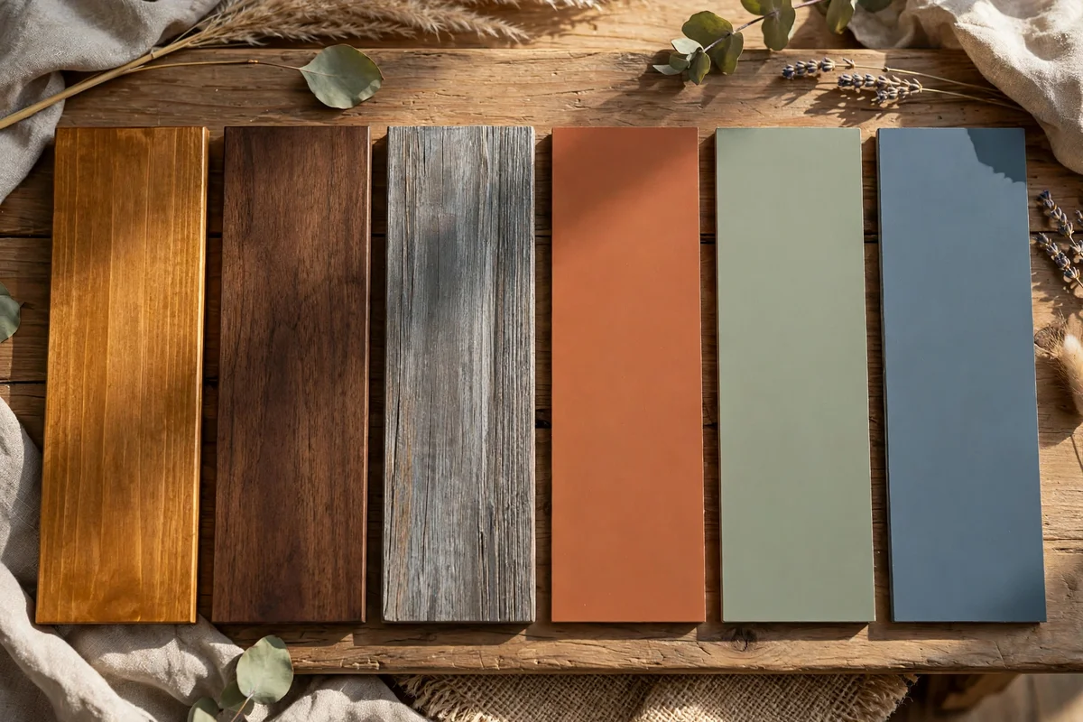 Stain sample boards paired with paint swatches in warm and cool tones side by side