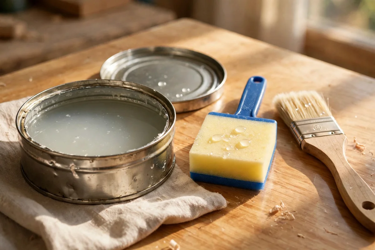 Open tin of water based polyurethane with applicator beside a sealed wooden tabletop