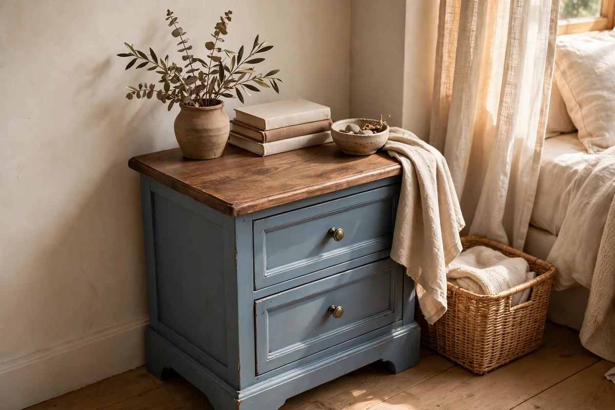 Nightstand with dusty blue painted base and stained wooden lid in a calm corner