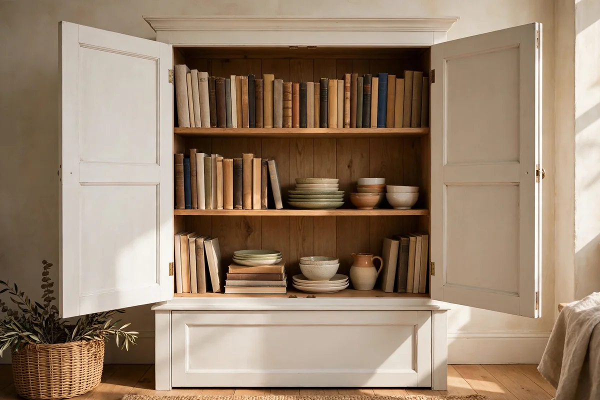 Painted bookcase with open doors revealing natural wood shelves holding books and dishes