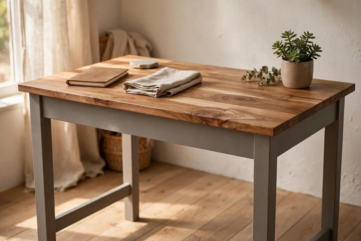 Writing desk with painted legs and frame and a natural wood desktop showing grain