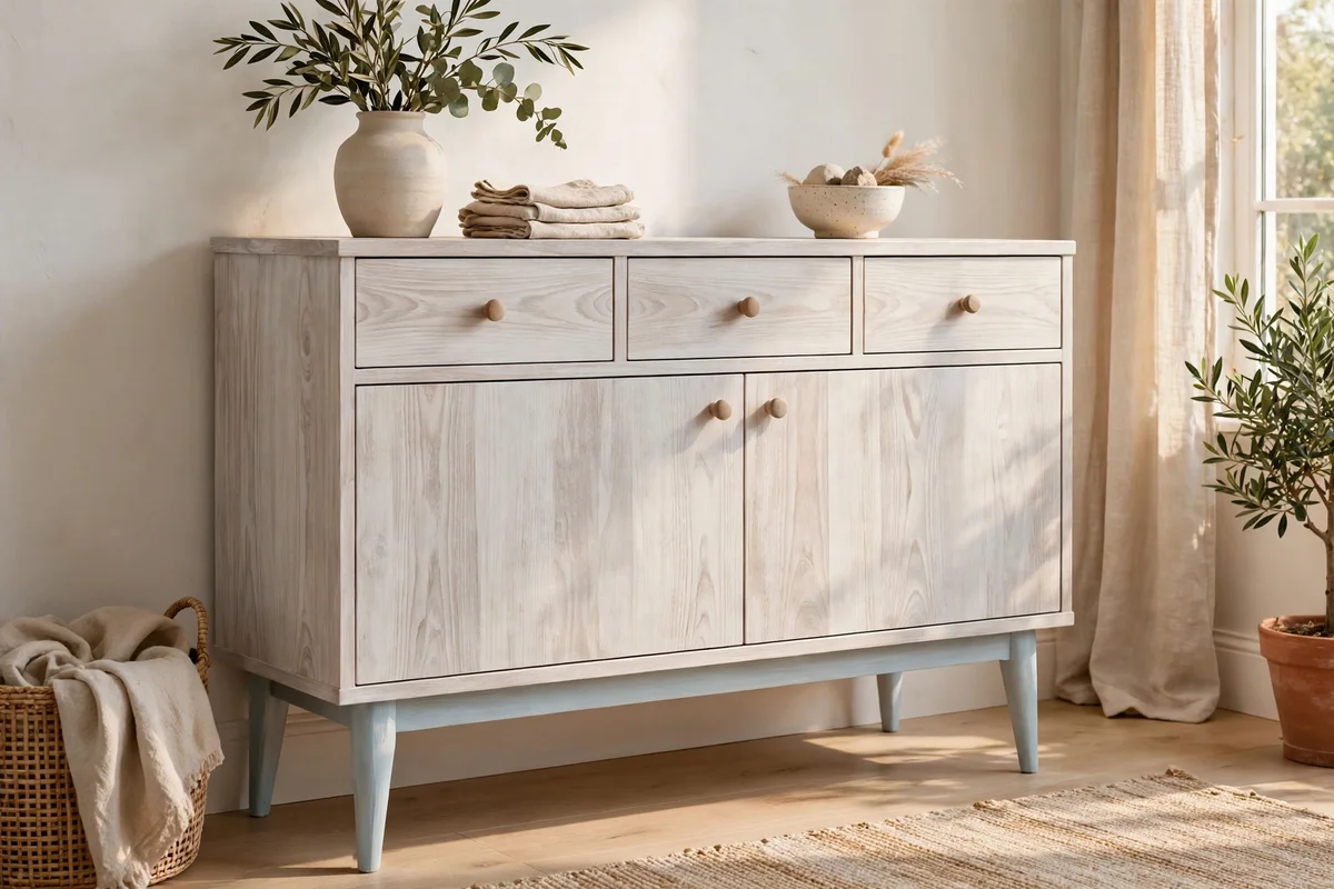 Ash sideboard with soft whitewash finish letting grain show beside pale blue painted legs