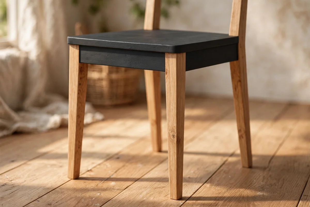 Dining chair with painted seat and natural wood legs meeting at a crisp taped line