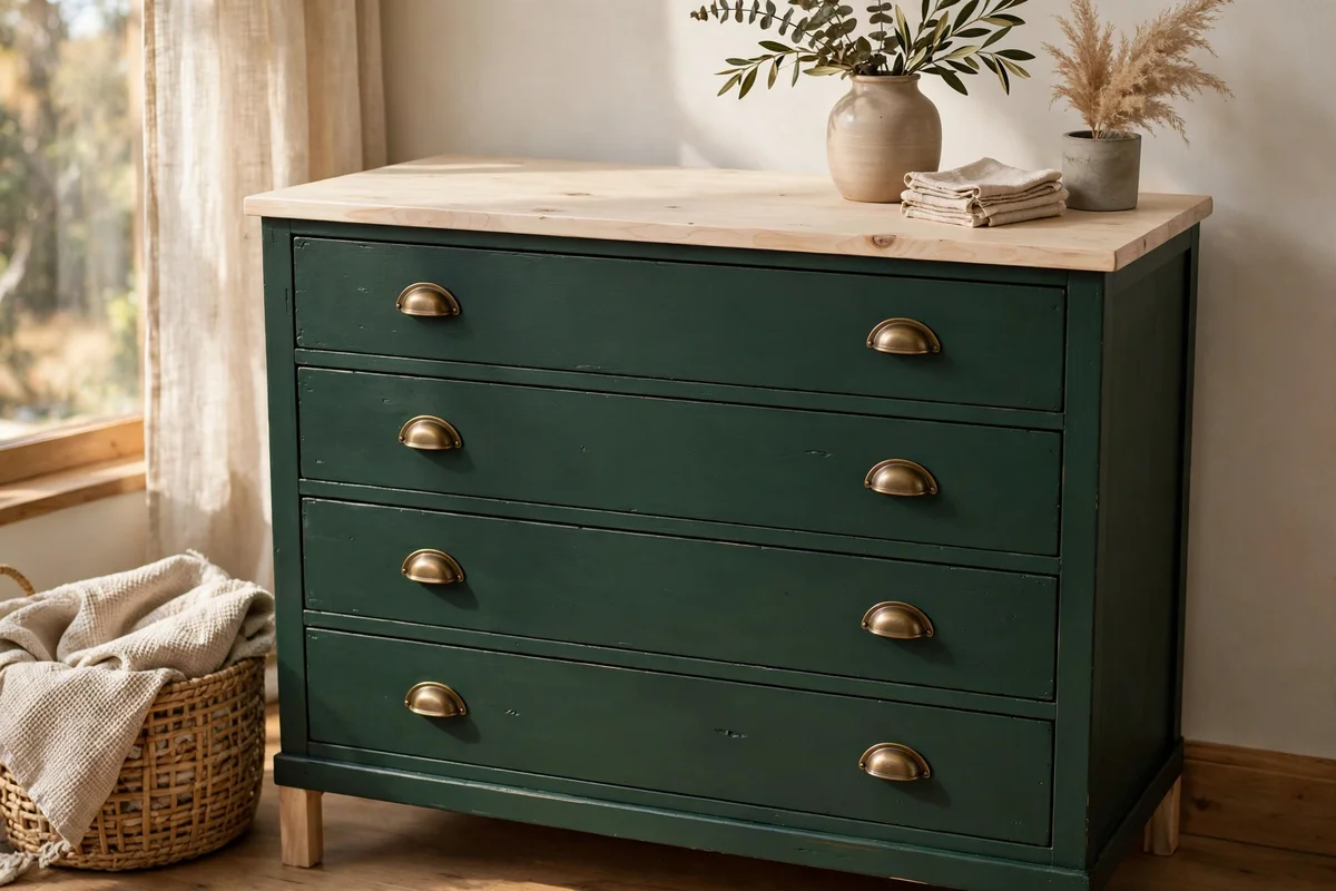 Dresser with dark green painted body and pale birch stained top in clear matte seal