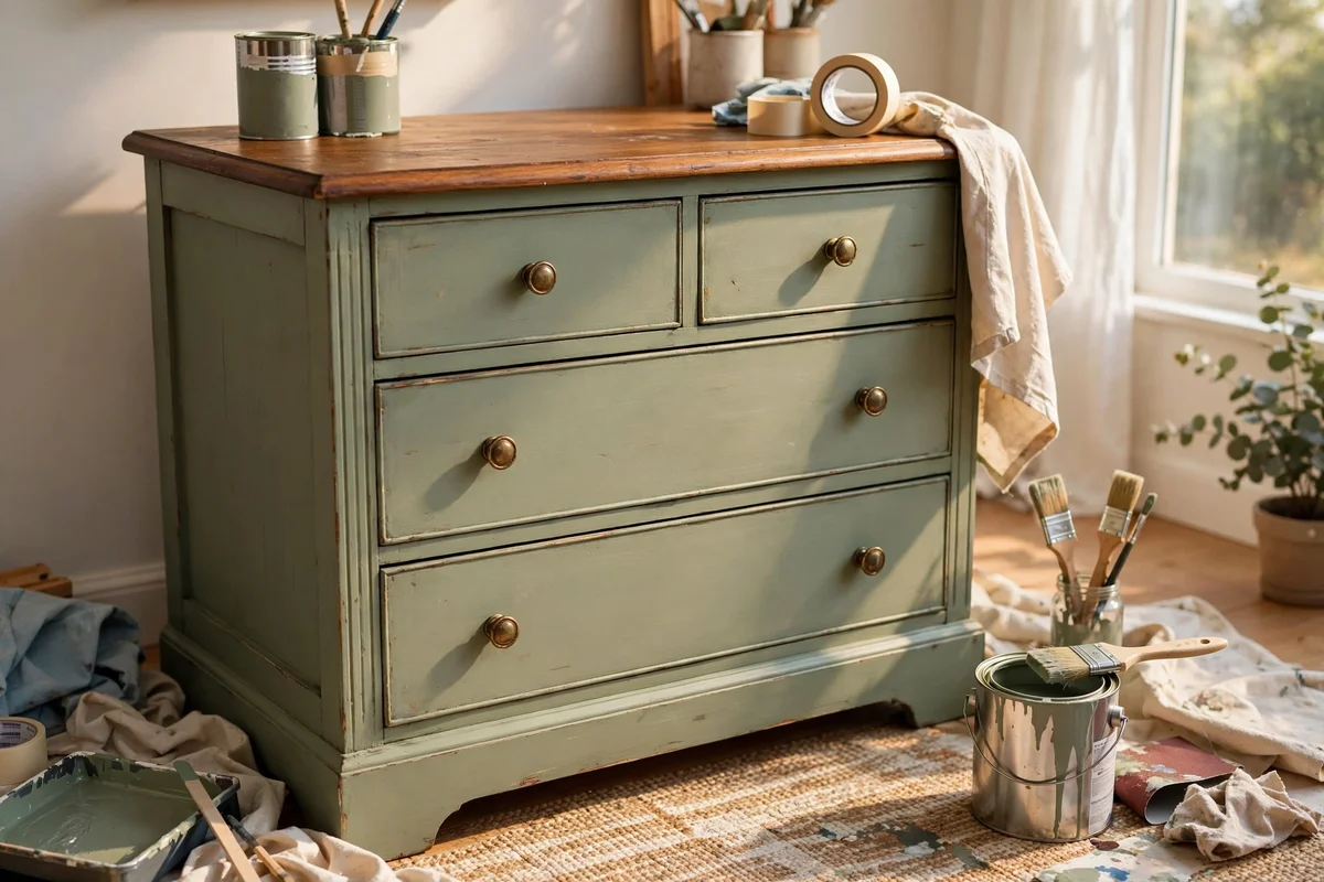 Second hand dresser made over with painted sage body and stained top in a bright room