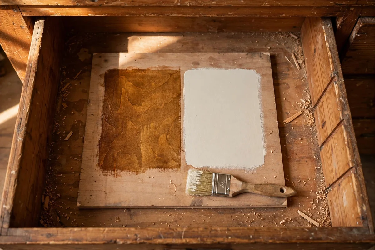 Hidden test spot inside a drawer with stain and paint swatches side by side on wood