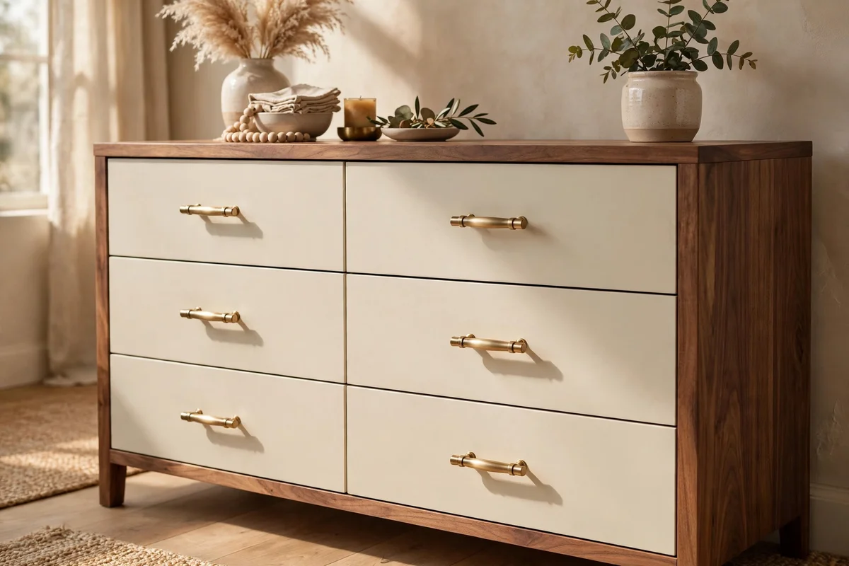 Dresser drawers with brushed brass knobs bridging cream paint and natural walnut wood