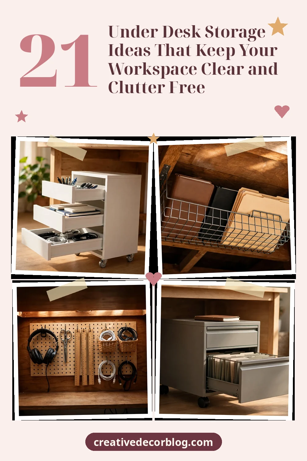 Pinterest pin with a grid of under desk storage photos and the title 21 Under Desk Storage Ideas That Keep Your Workspace Clear and Clutter Free