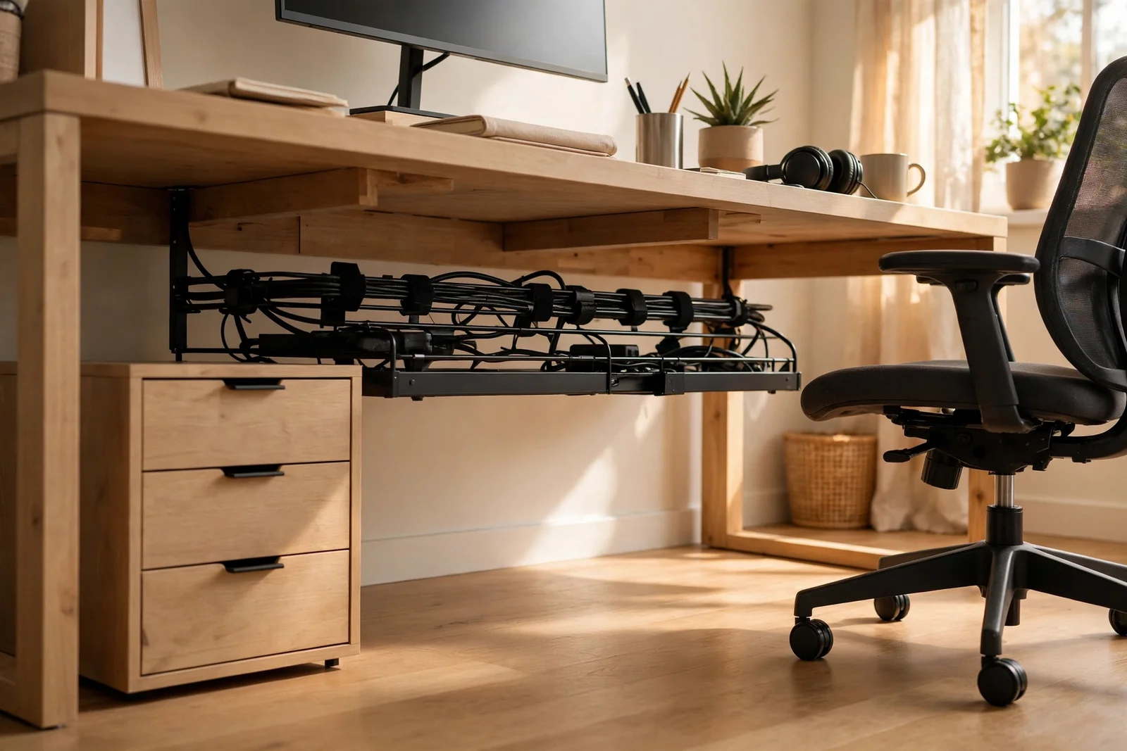 Tidy home office desk with an organized under-desk area, slim pedestal, cable tray and clear floor space