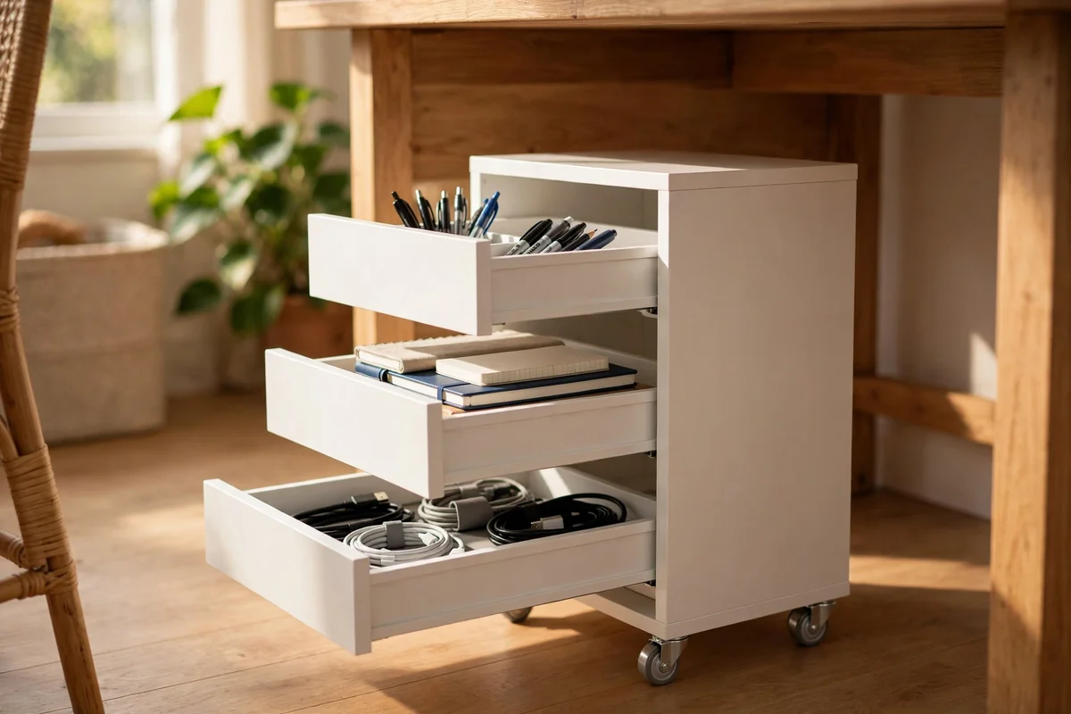 Slim white wheeled drawer pedestal parked under the side of a home office desk