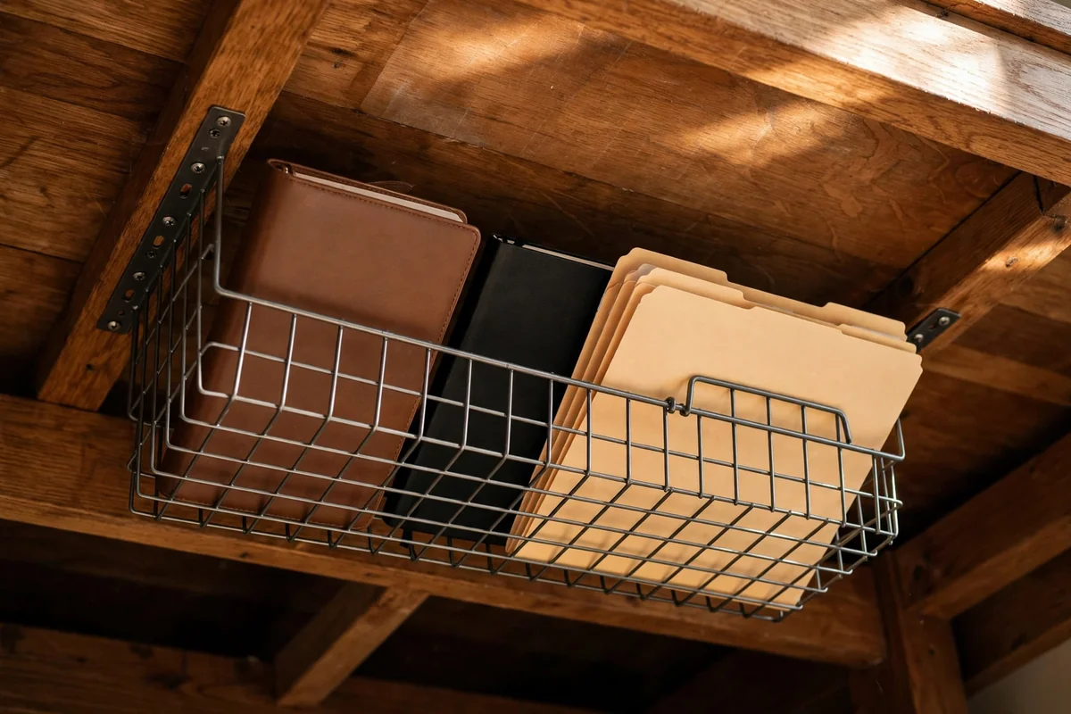 Wire basket mounted under a desktop holding a planner, notebook and folders
