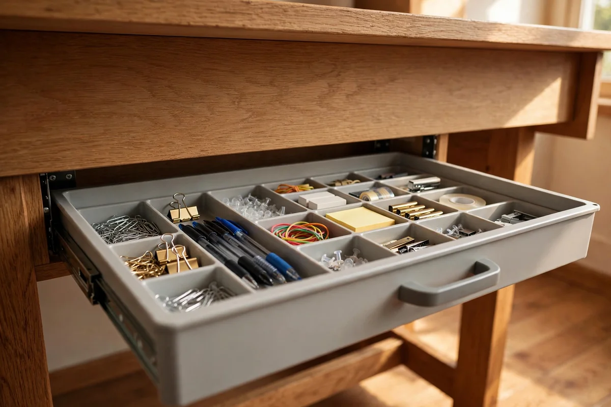 Shallow add-on drawer fitted under a drawerless desk with supplies in compartments