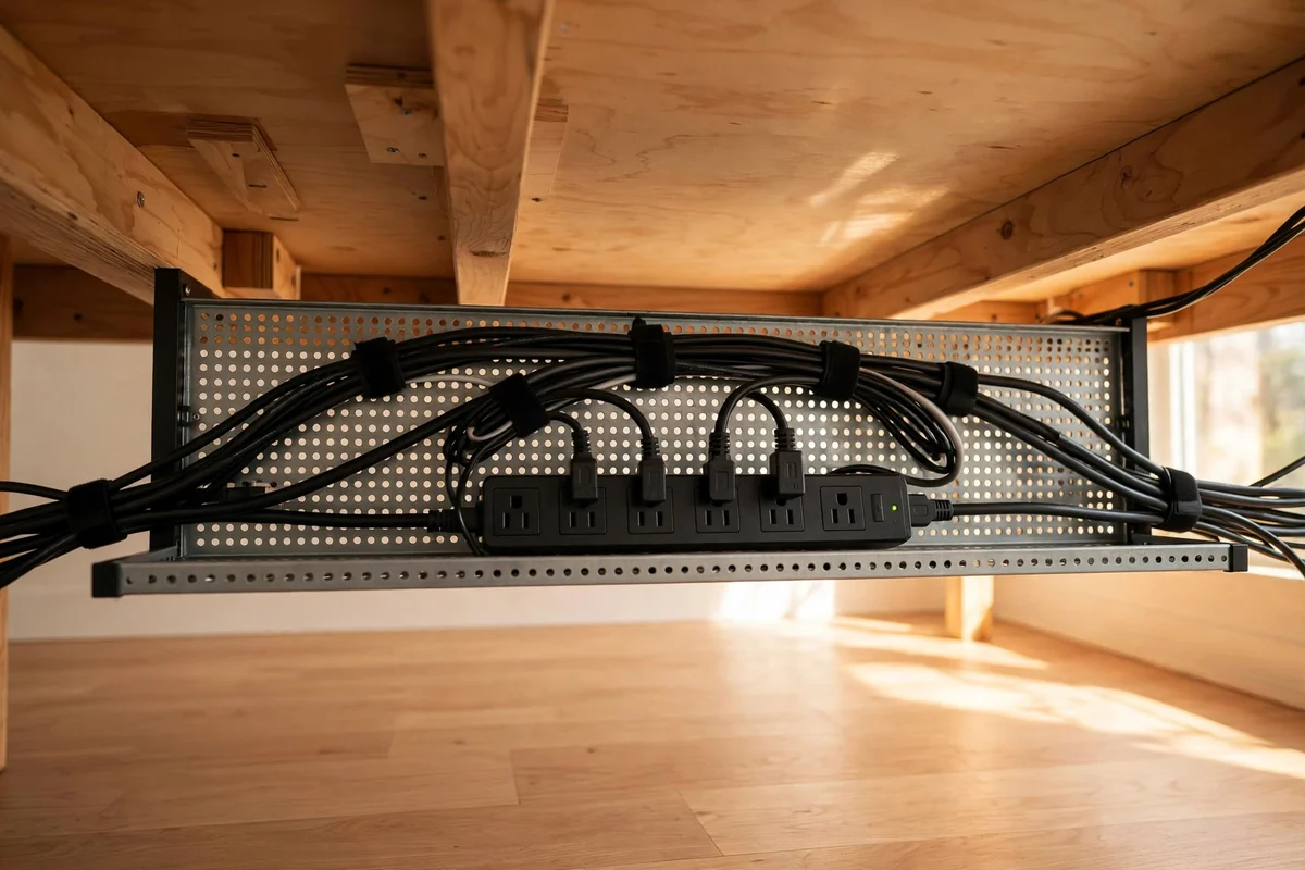Perforated cable tray under a desk holding a power strip and bundled cables off the floor