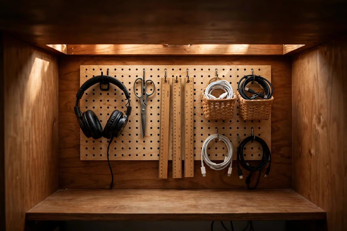 Small peg panel inside a desk bay holding headphones, scissors, rulers and cables