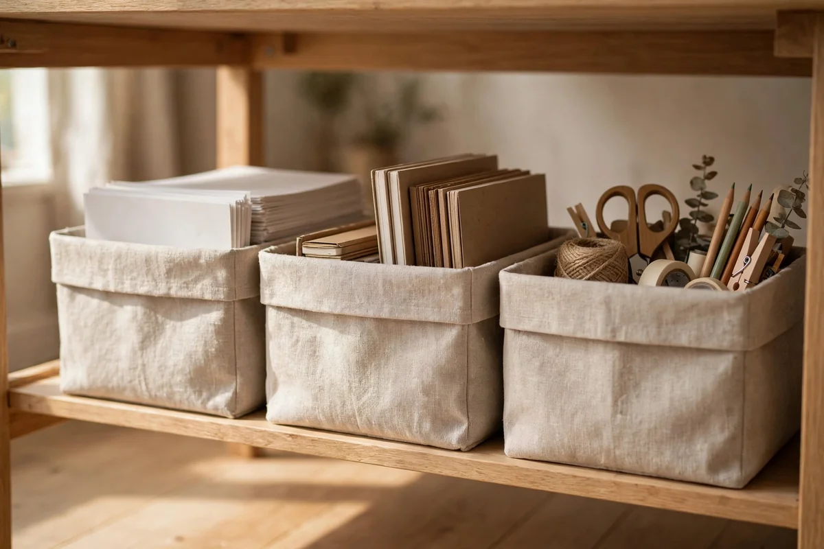 Low shelf beneath a desk holding matching natural linen bins for paper and supplies