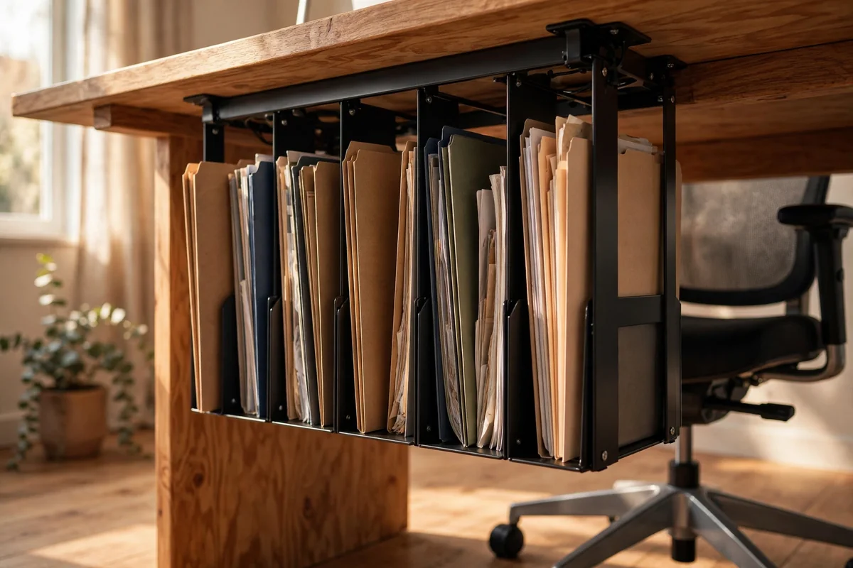 Vertical file sorter mounted beneath a desk with upright folders in separate compartments