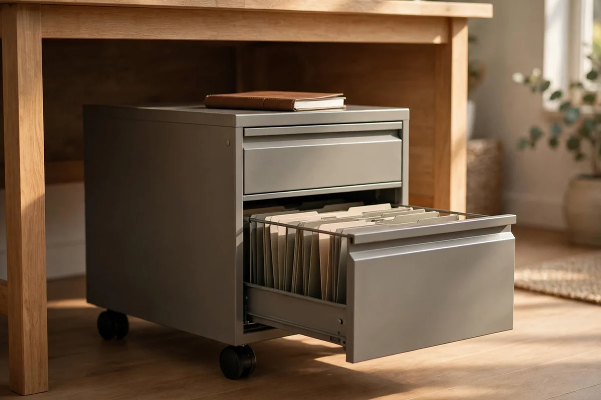 Compact filing cabinet on castors rolled out from beneath a desk with hanging files