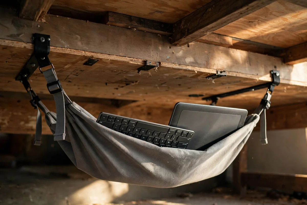 Grey fabric sling suspended beneath a desktop holding a slim keyboard and tablet