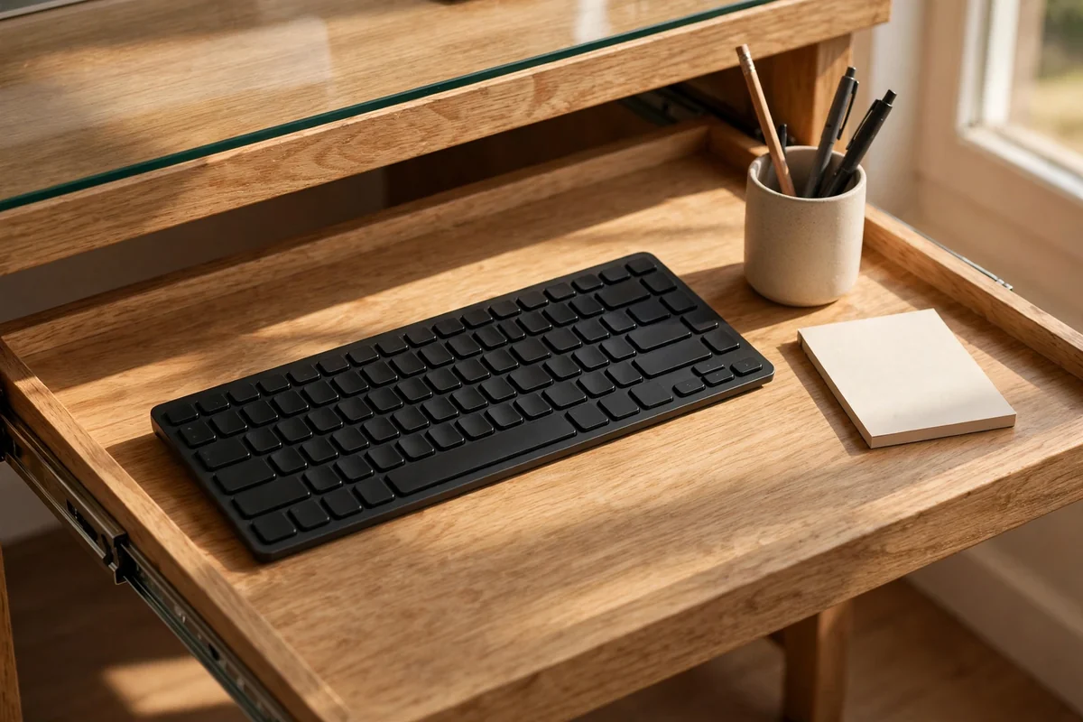 Wide pull-out keyboard tray beneath a desktop with keyboard, notepad and pen cup