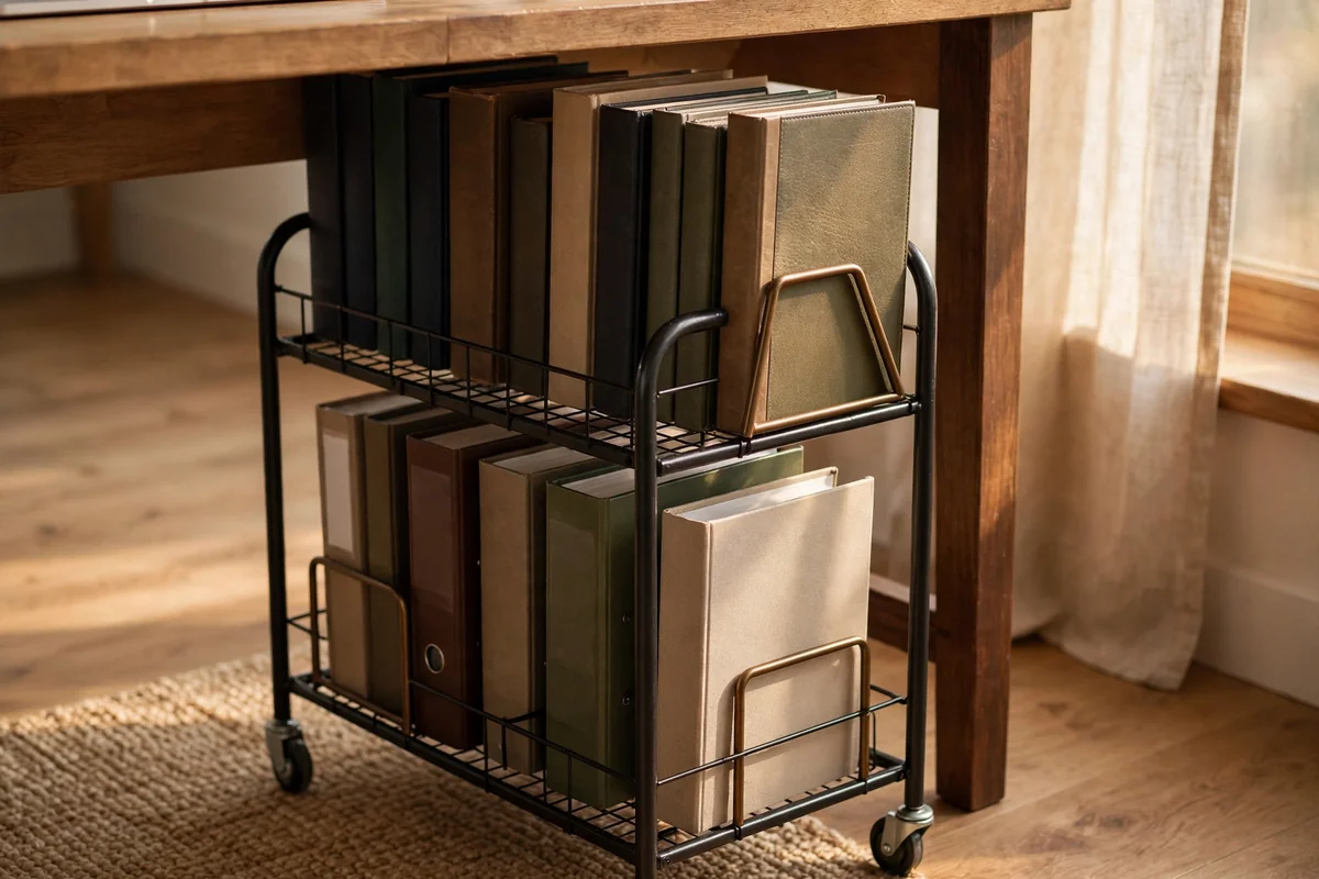 Narrow two-tier rolling book trolley under a desk with upright books and binders