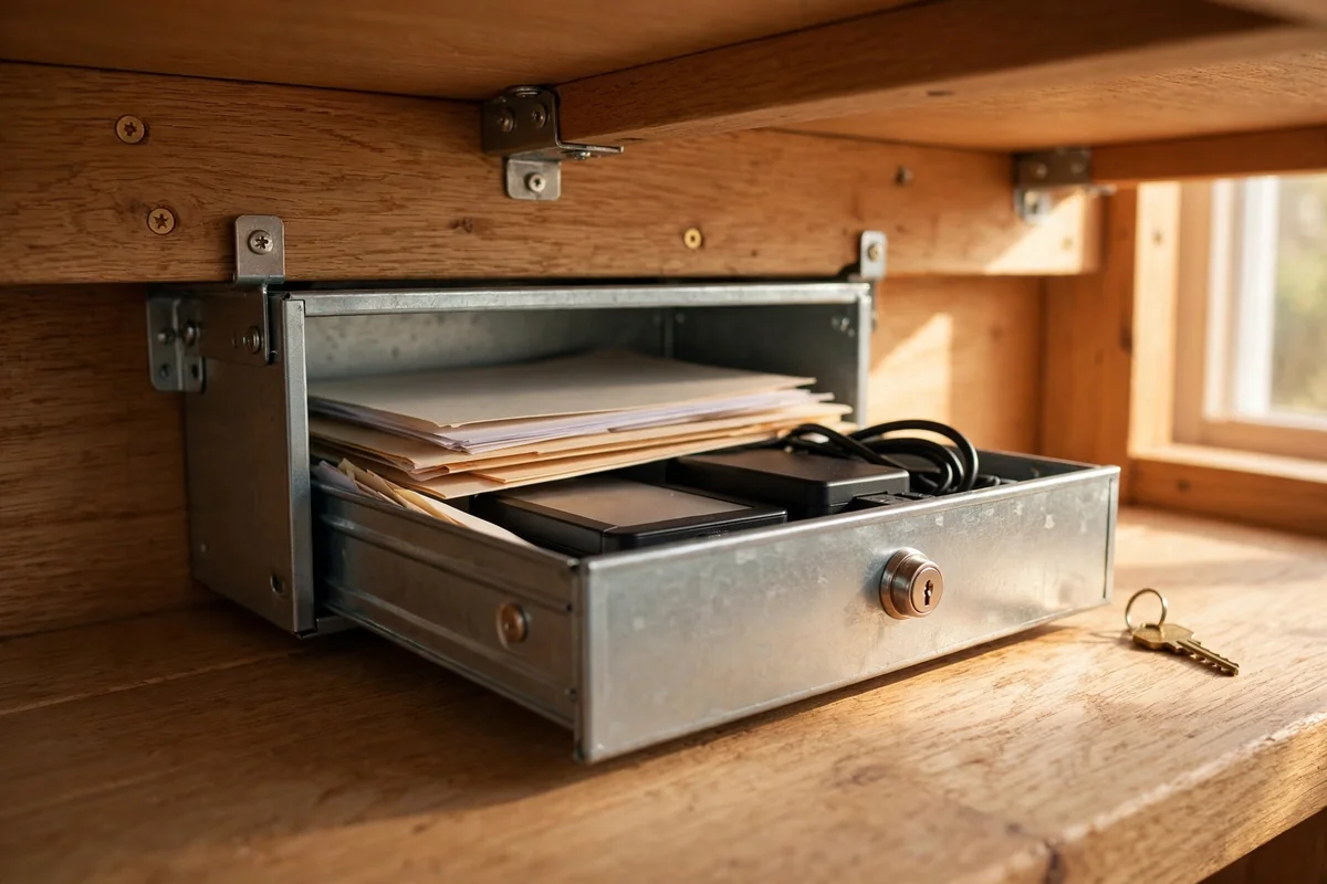 Small locking drawer mounted beneath a desktop with documents and a backup drive inside
